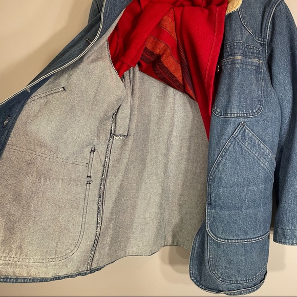 Vintage L.L. Bean Red Wool Blend Lined Corduroy Trim Heavy Denim Barn Coat Sz M - Picture 11 of 16